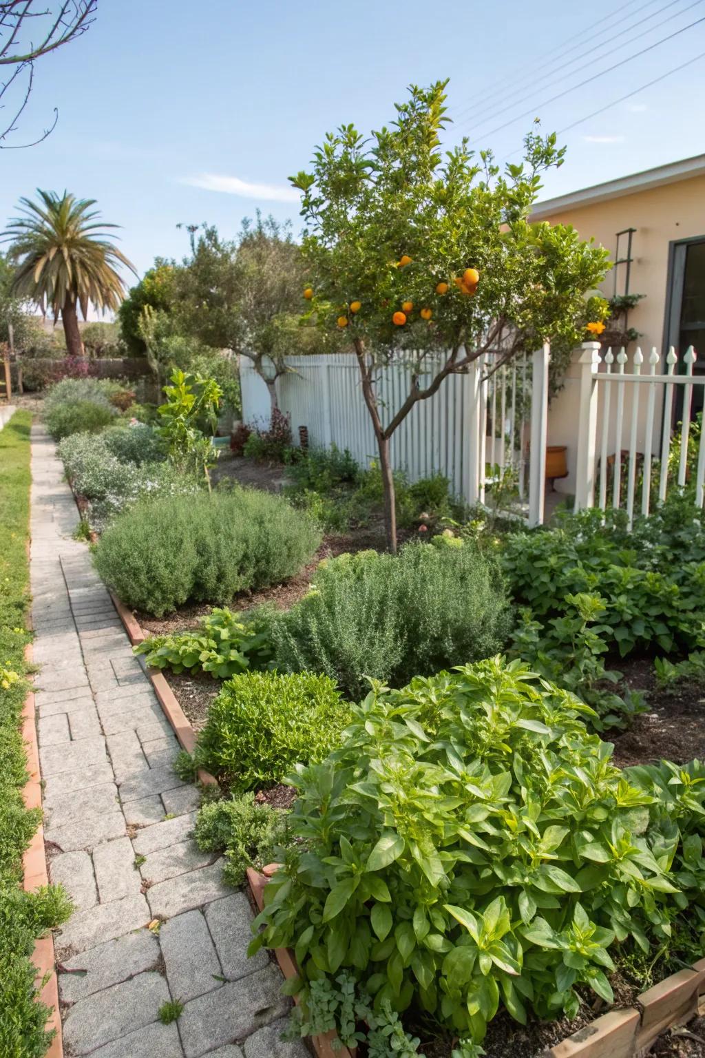 Edible landscaping provides beauty and bounty in this practical front yard.