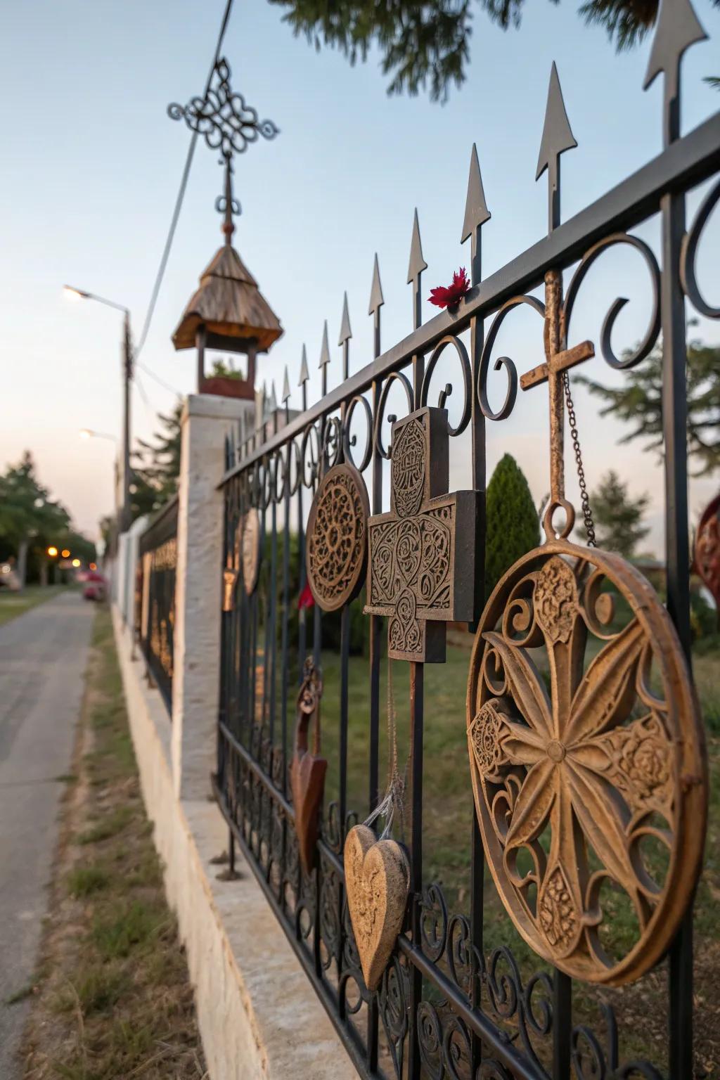 Sculptural elements add artistic flair to the fence.