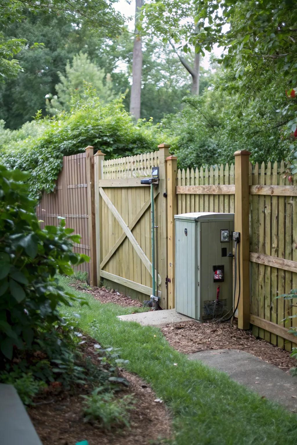 Privacy fences with gates provide stylish concealment for utility boxes.