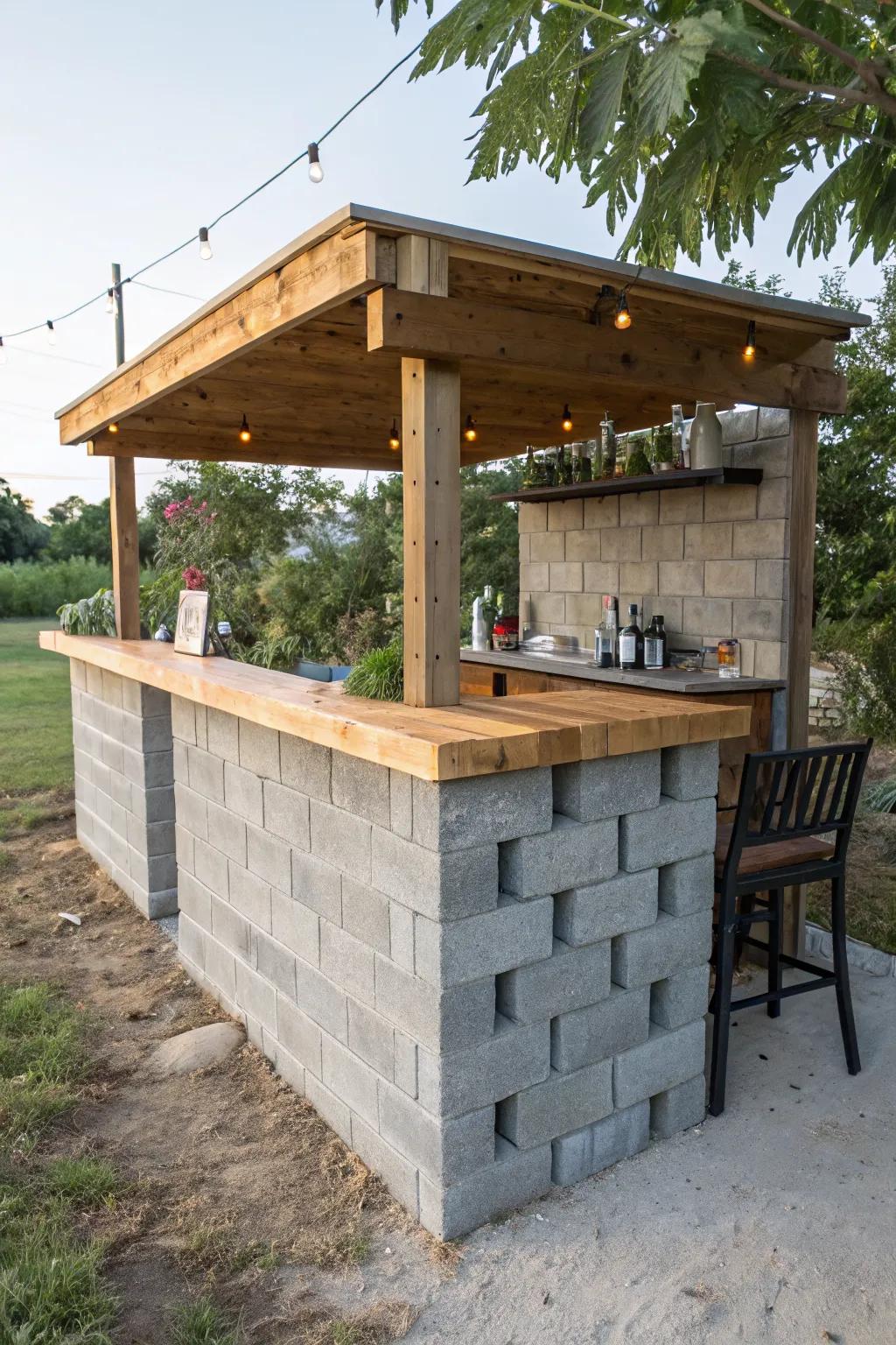 A stylish outdoor bar crafted from cinder blocks.