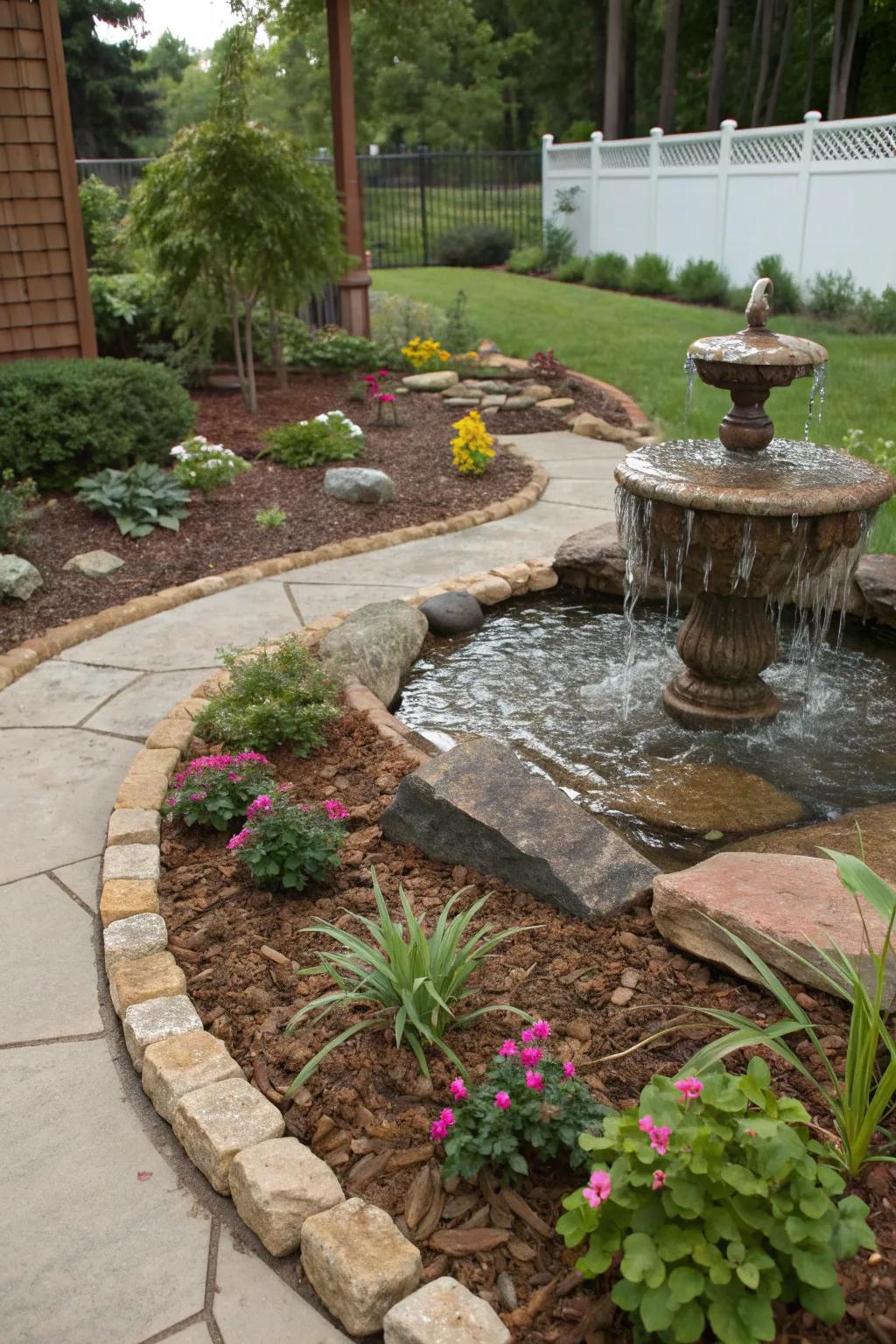 Enhancing water features with mulch and stones.