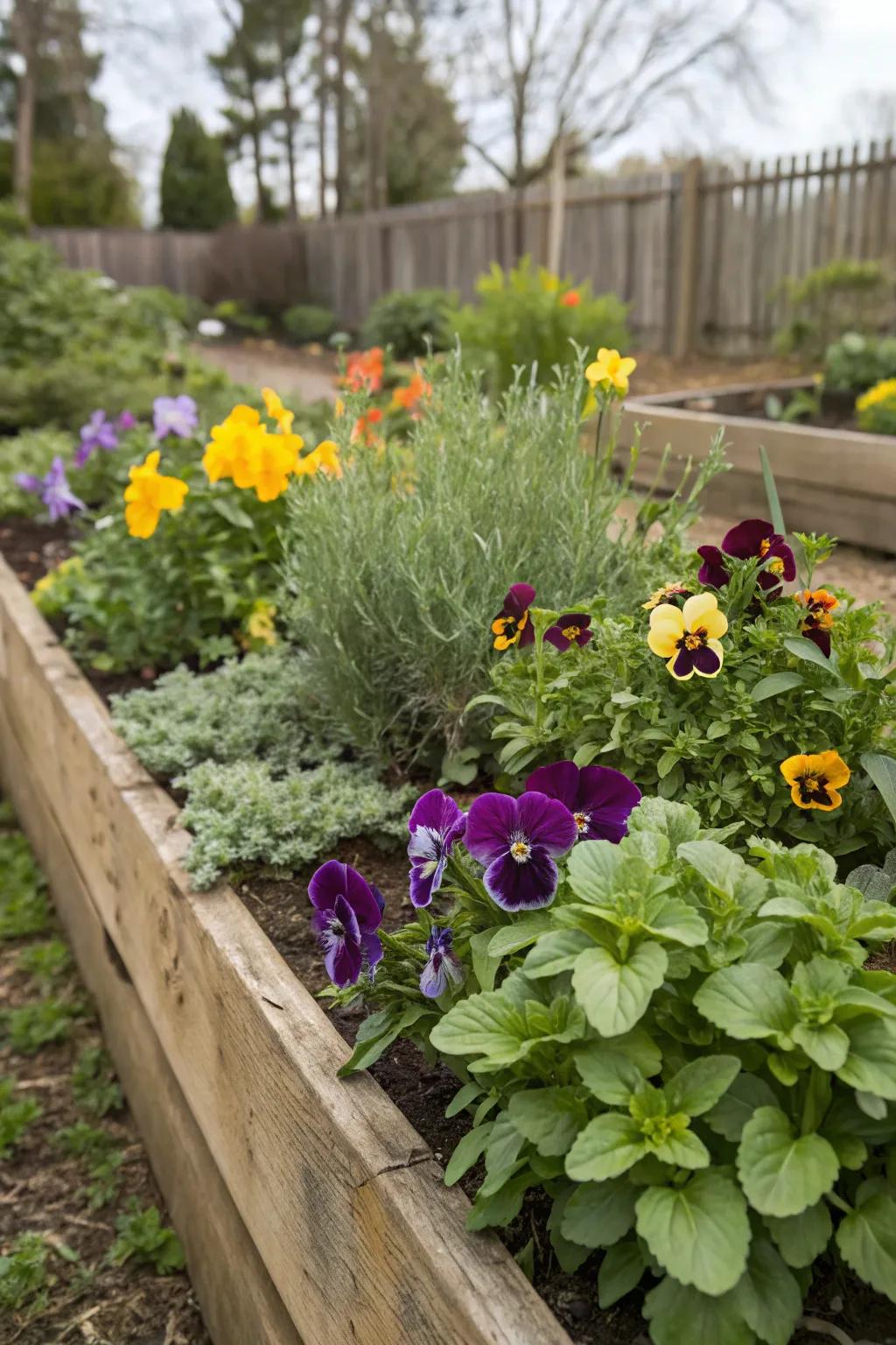 A practical and vibrant combination of pansies and herbs.