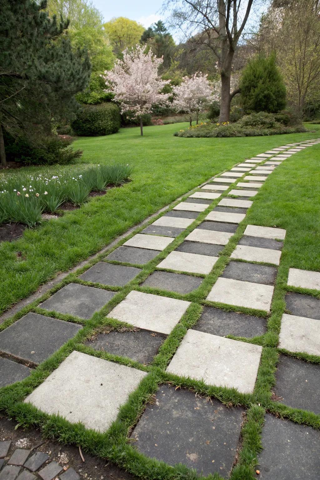 Checkerboard patterns add playful dynamics to garden paths.