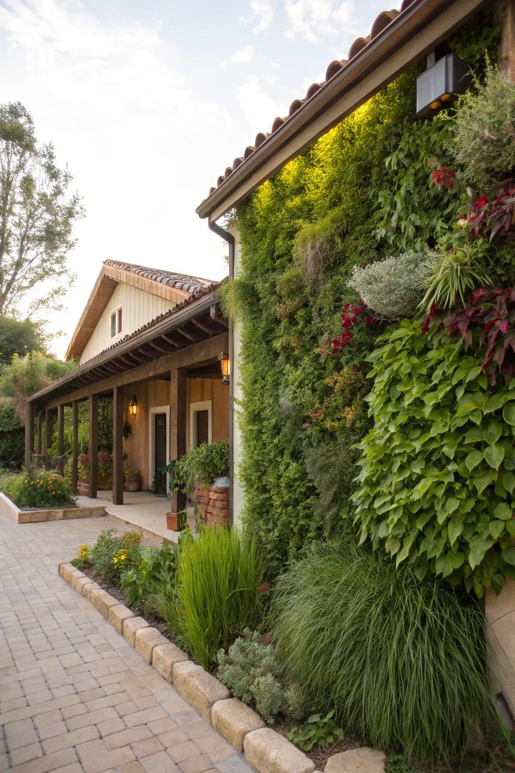 A vibrant vertical garden adding greenery without occupying much space at a ranch-style home.
