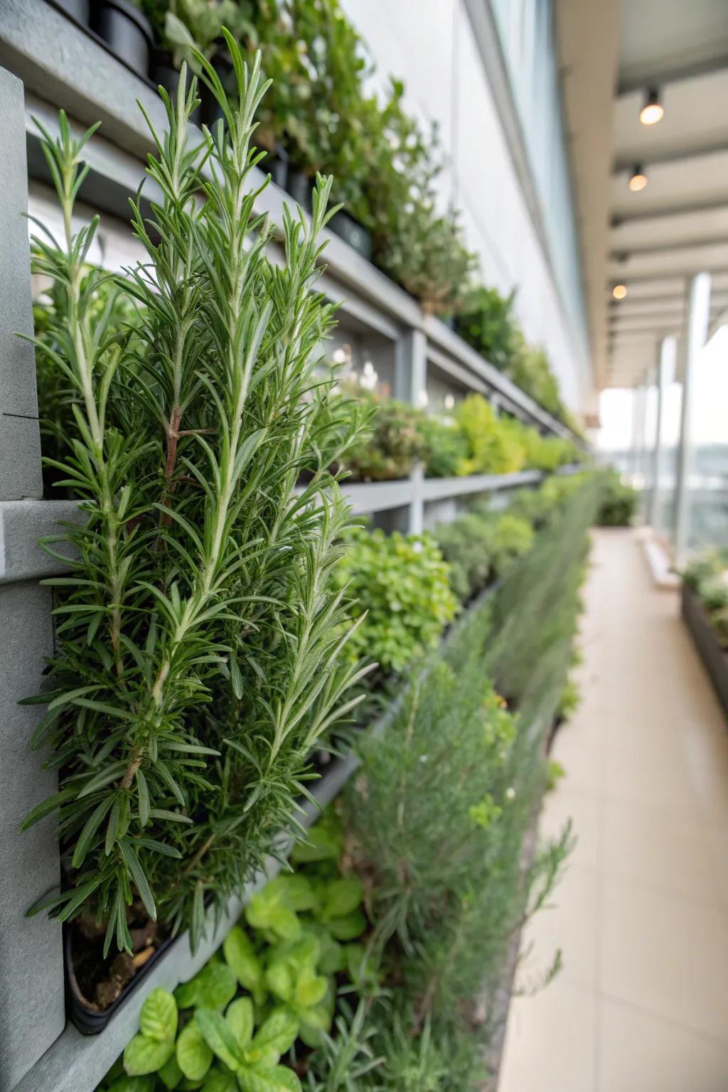 A vertical garden featuring rosemary plants for a unique look.