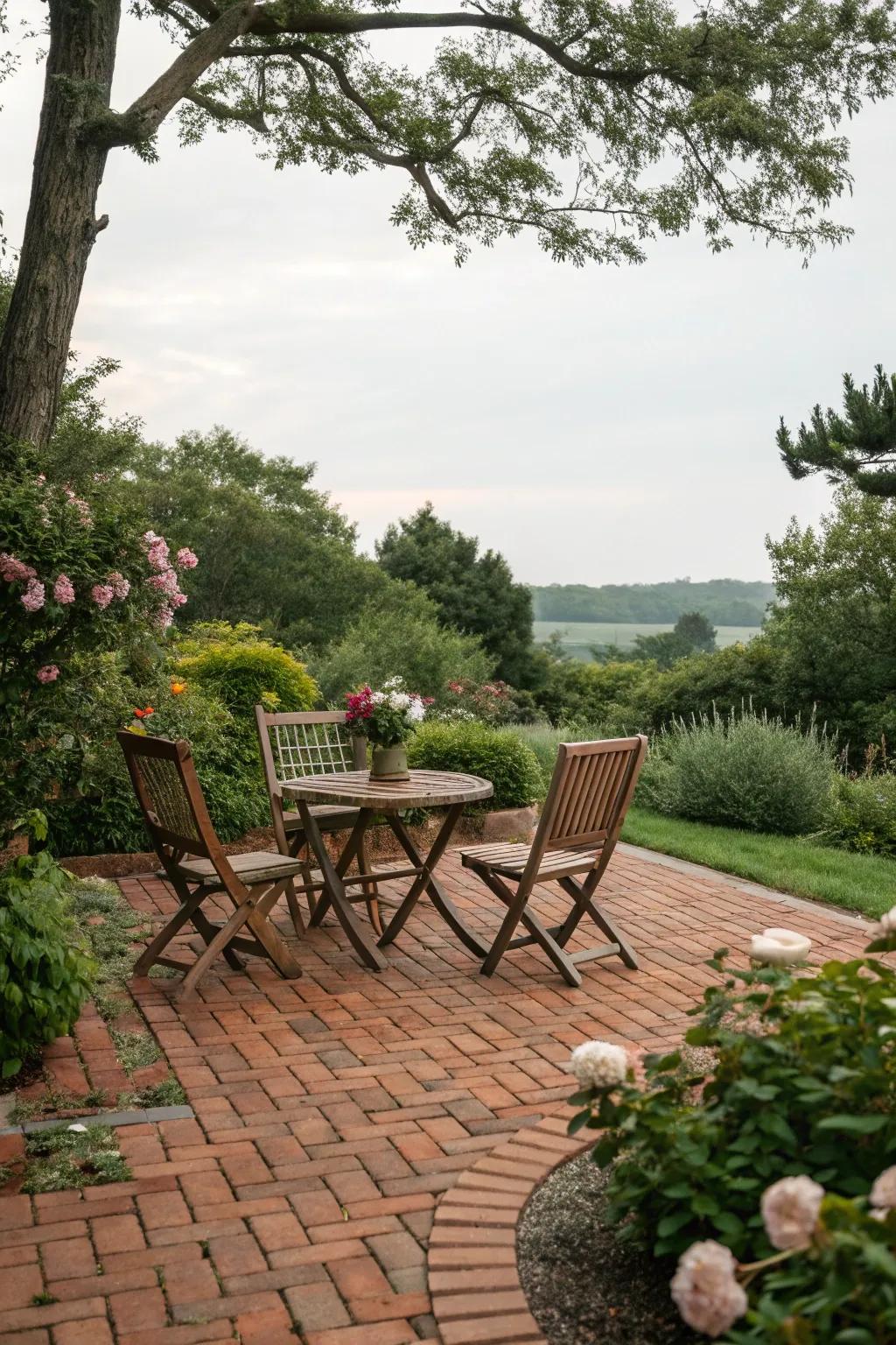 Enjoy a sturdy and stylish outdoor seating area with brick flooring.