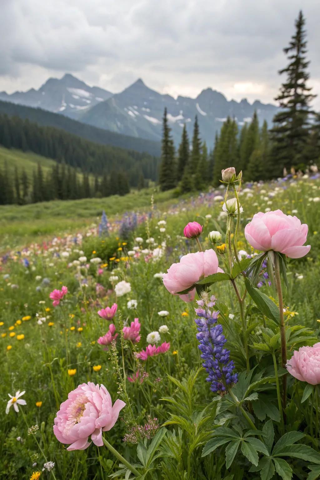 Peonies bringing unexpected elegance to a wildflower meadow.