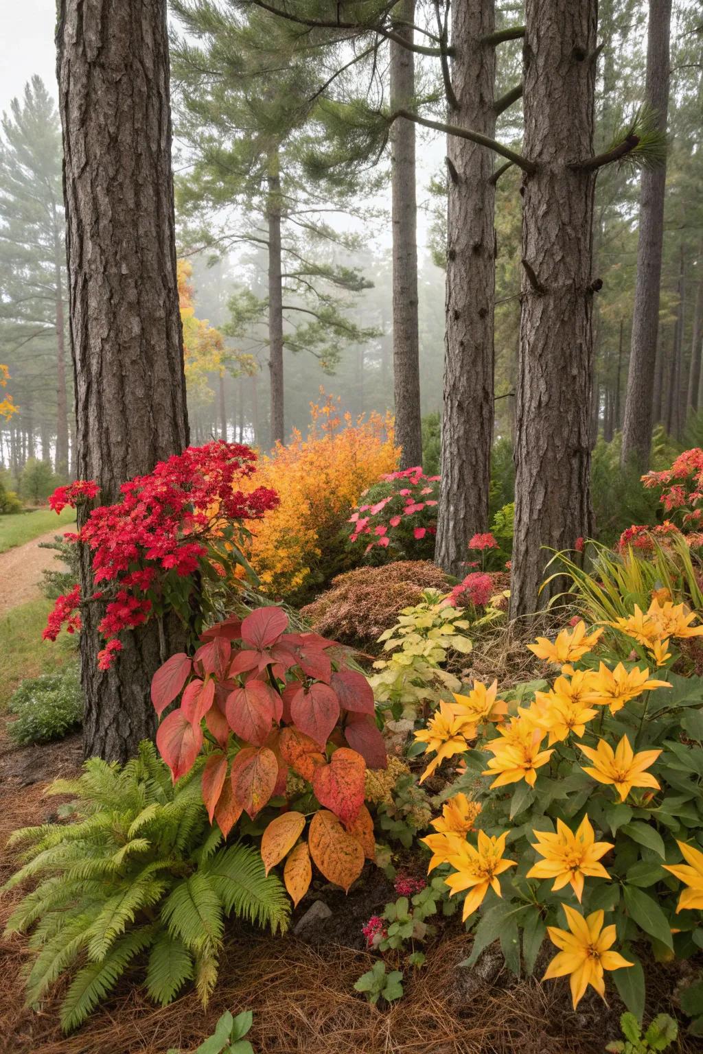 Seasonal plants keep a pine landscape fresh and exciting.
