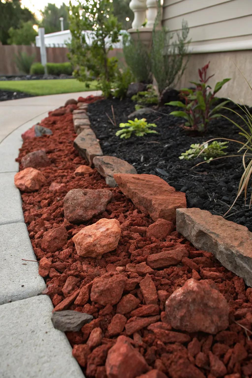 Mixing red lava rocks with organic mulch balances aesthetics and plant health.