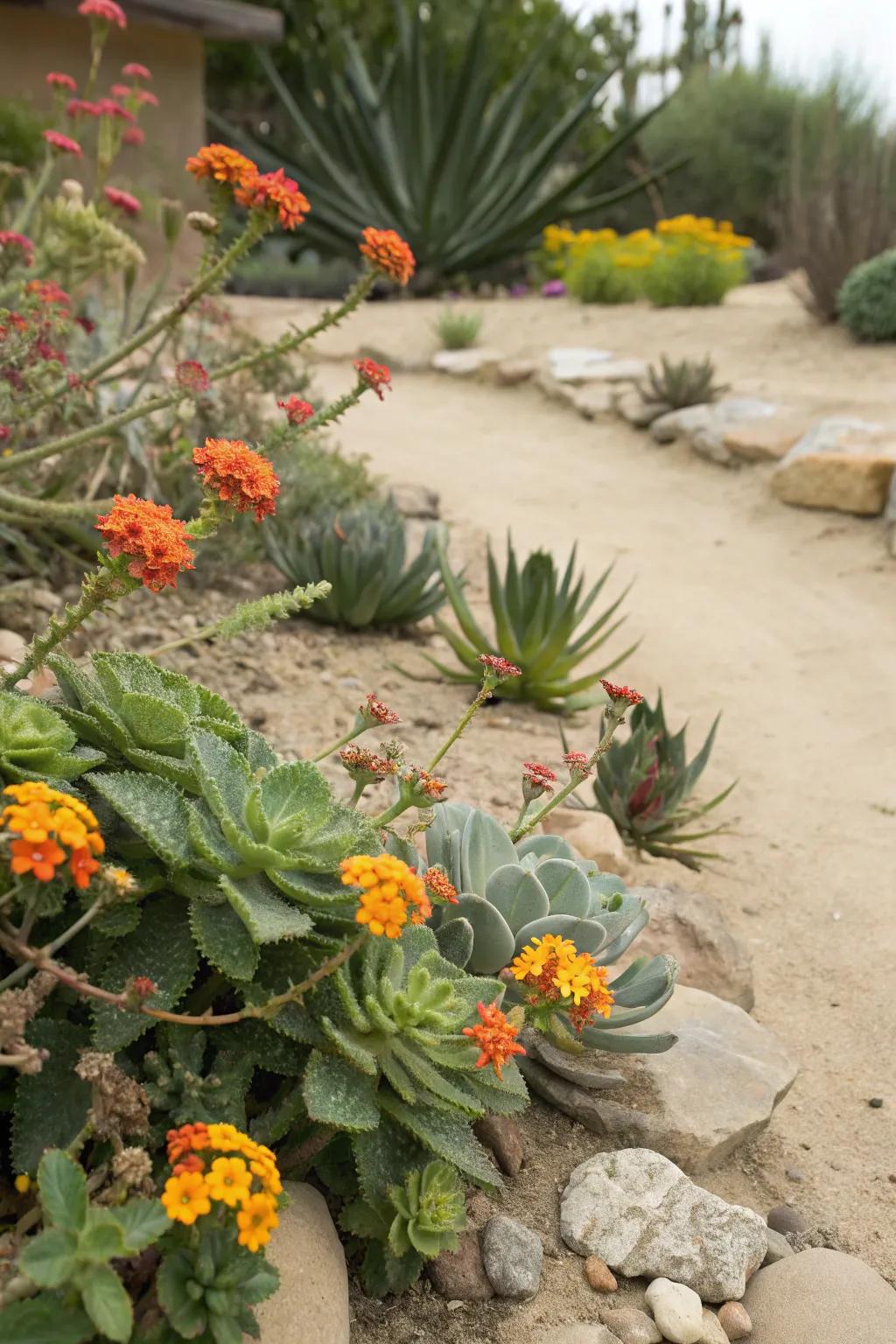 Lantanas paired with succulents, creating a drought-tolerant garden.