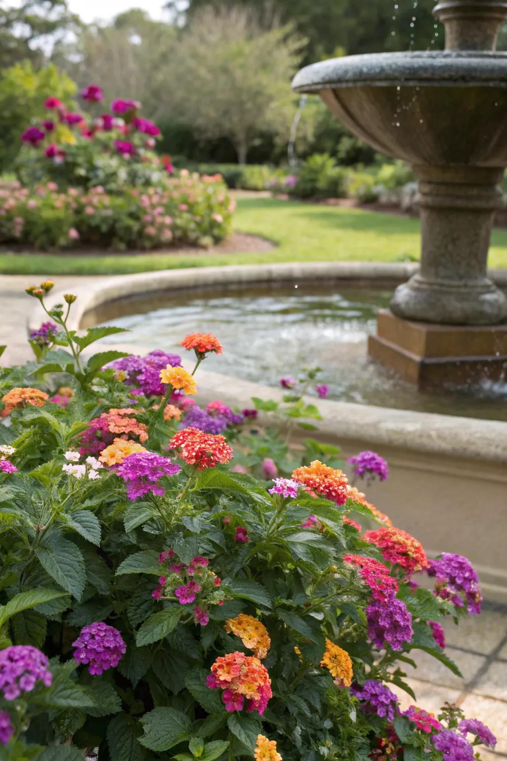 Lantana adds vibrant accents to garden water features.