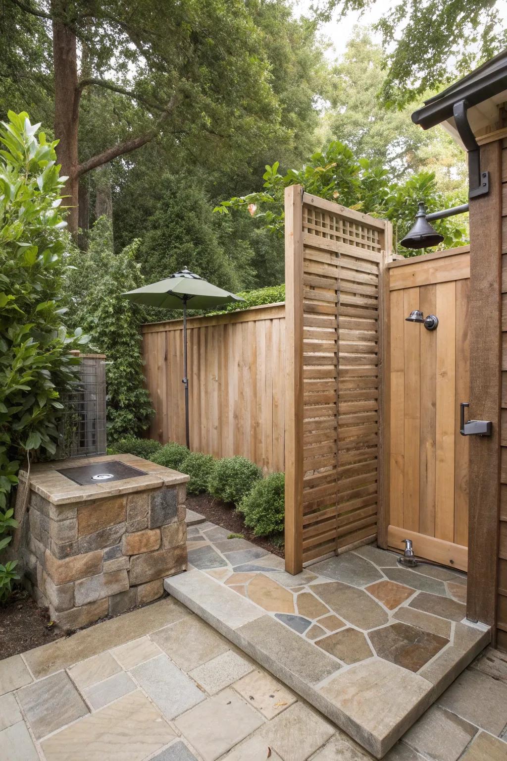 An outdoor shower adds a touch of luxury.