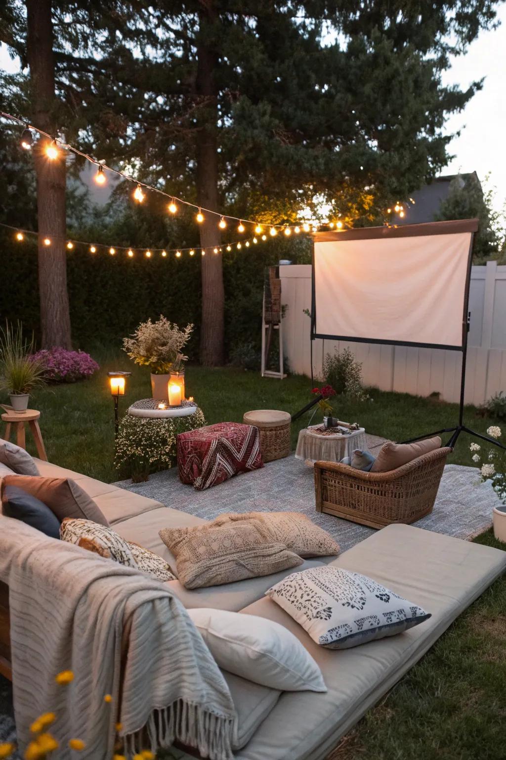 A backyard movie theater offers a cinematic experience under the stars.