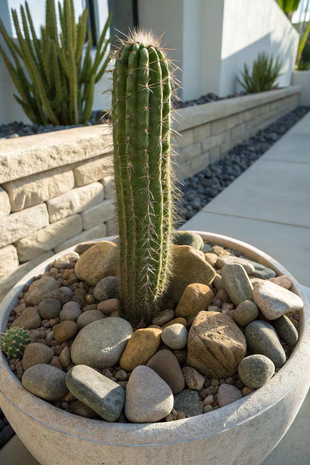 River rock planters offer a natural and flowing aesthetic for cactus displays.