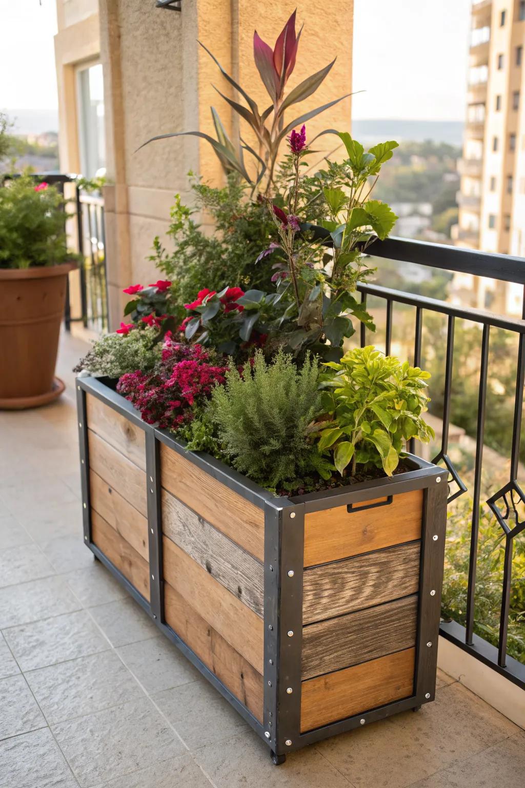 Mixed material planters offer a unique and modern look.