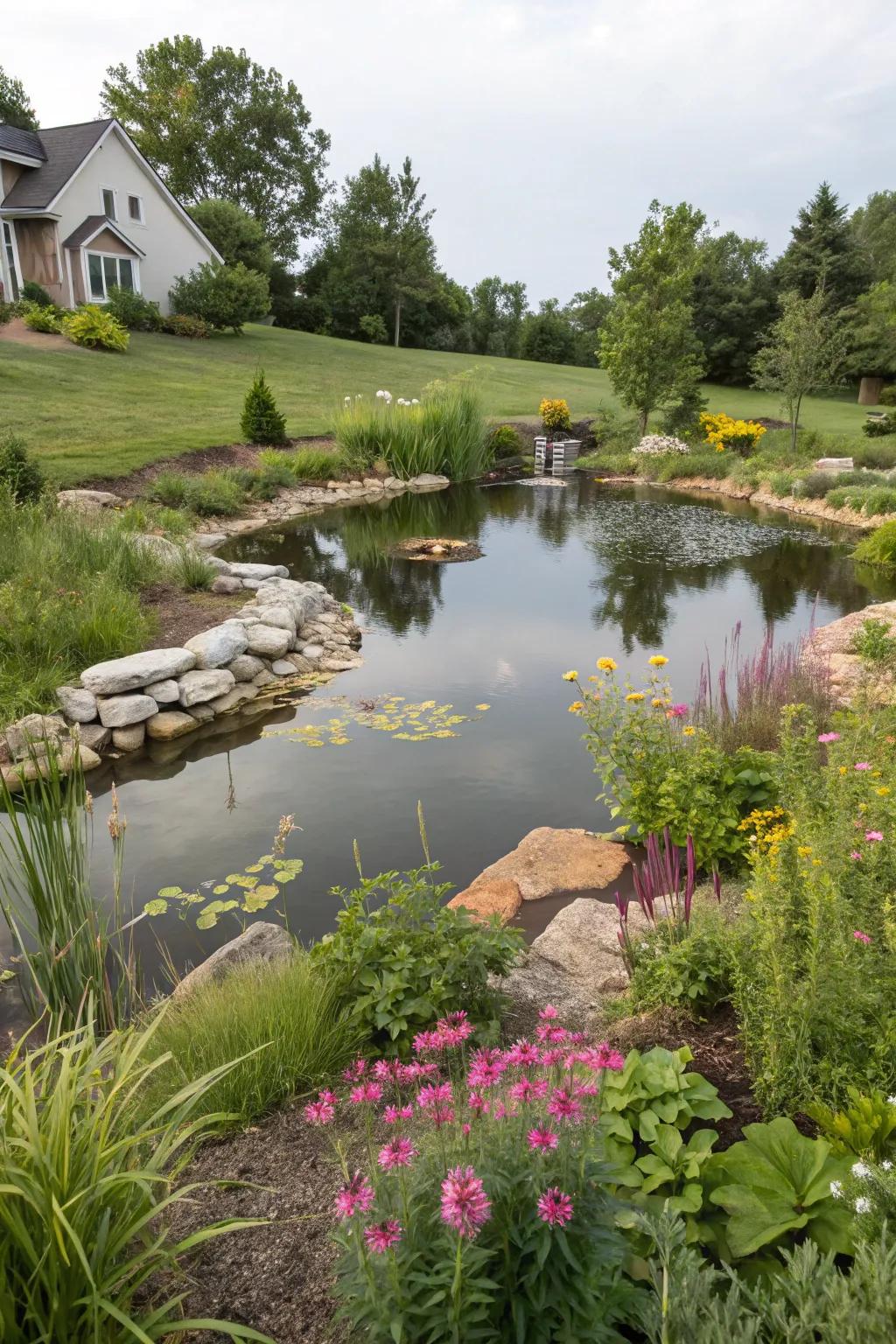 A rain garden enhances the sustainability of a large pond.
