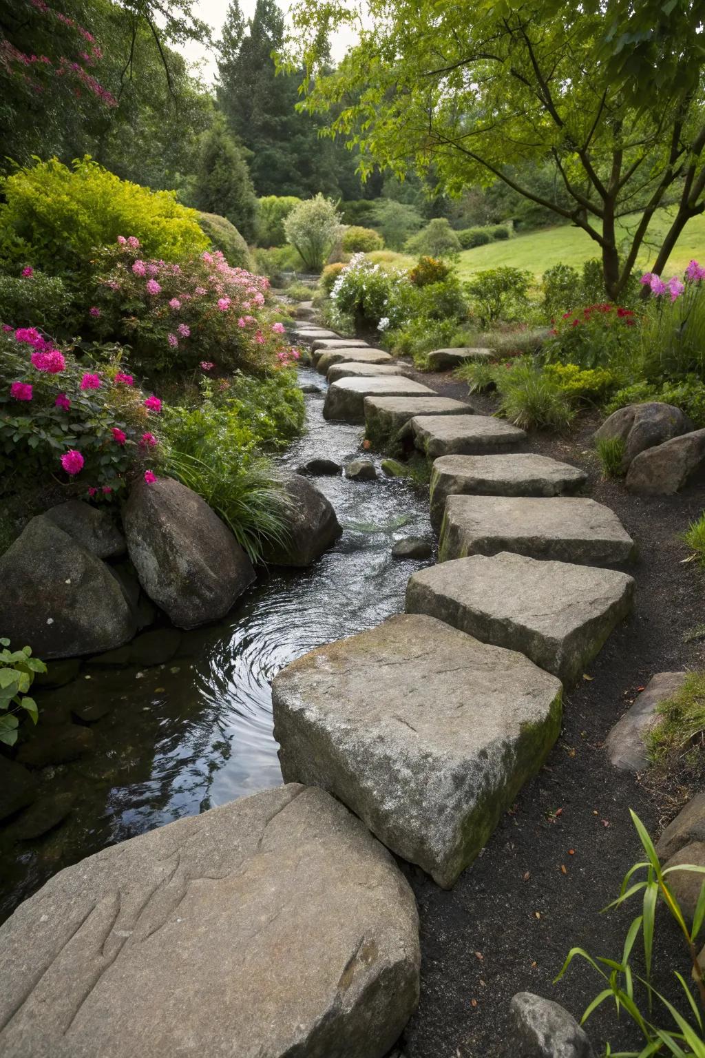 Garden stepping stones surrounded by river rocks.