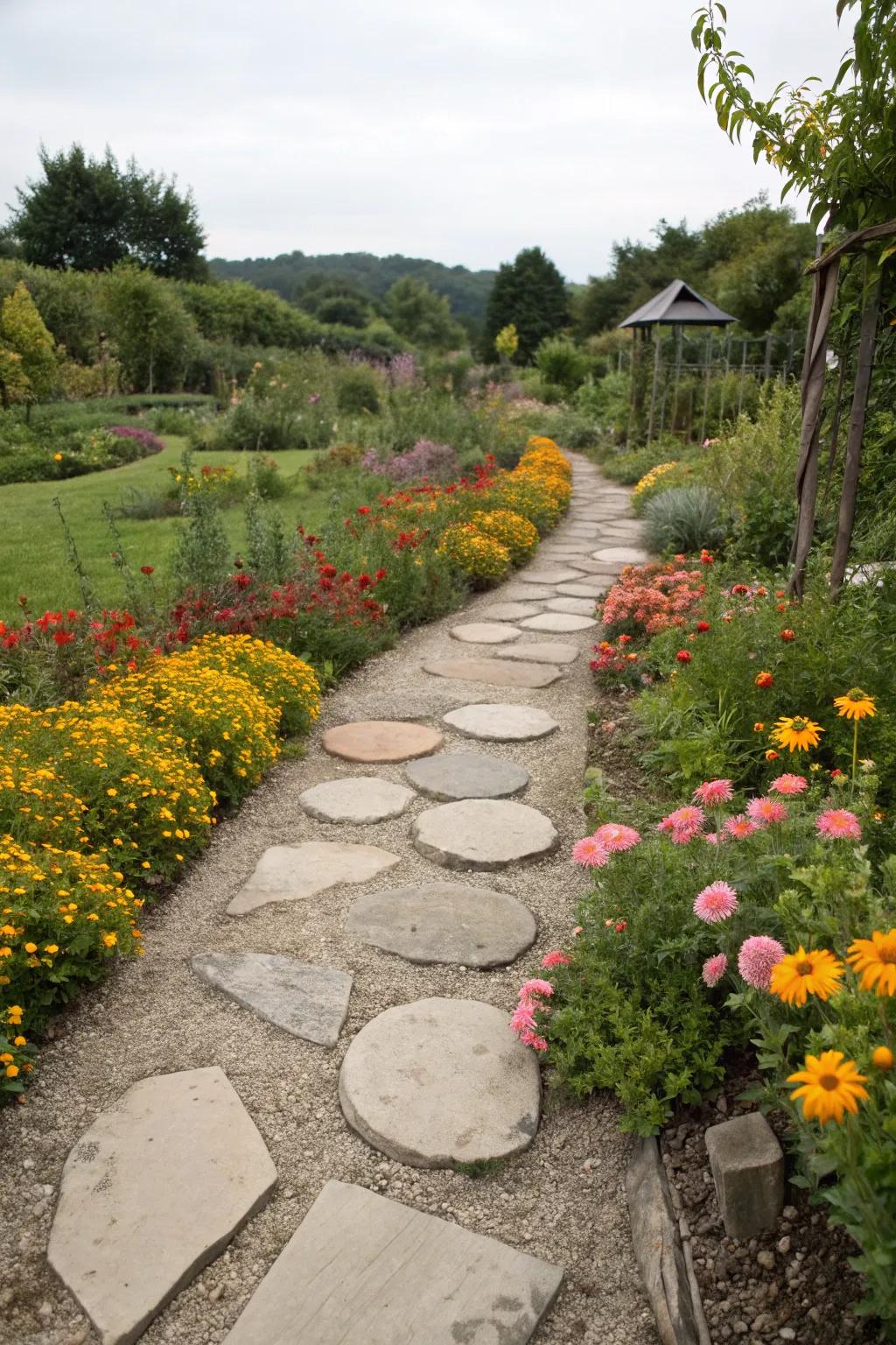 Varied stone shapes create an artistic and dynamic path.