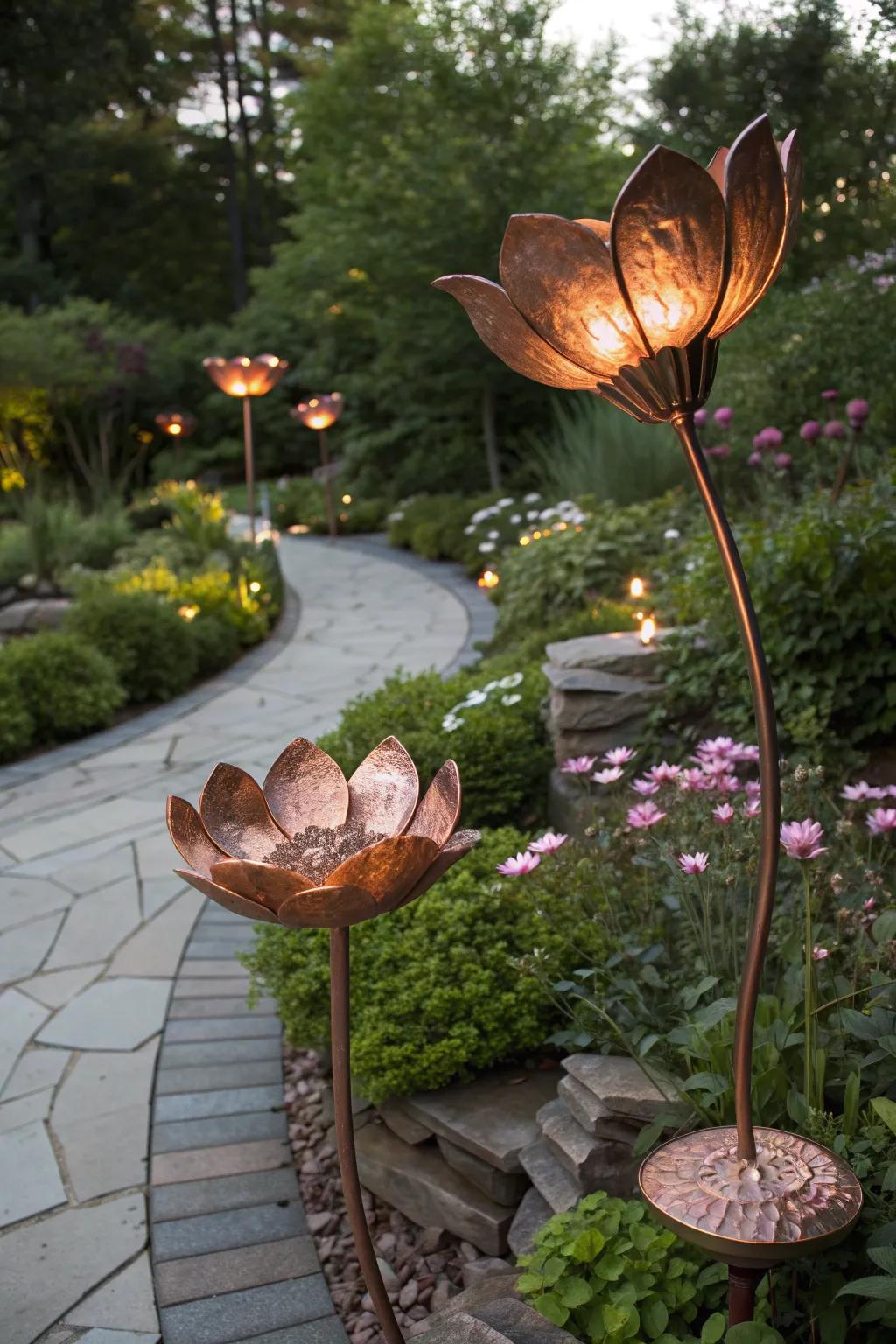 Copper flower art creates a timeless and elegant garden feature.