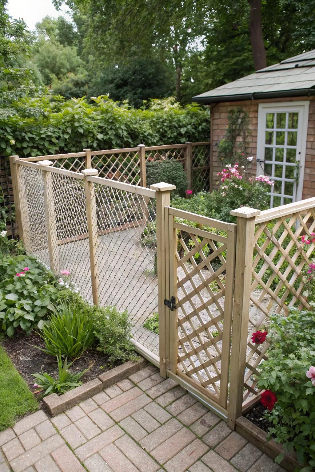 A pet-friendly garden featuring a stylish lattice enclosure.