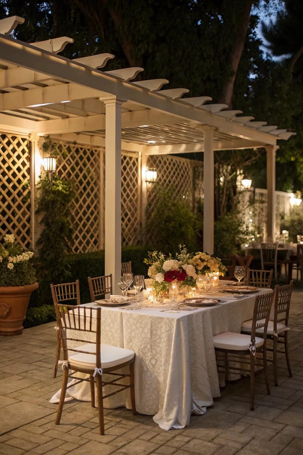 Dine in style with an outdoor setup under your lattice cover.