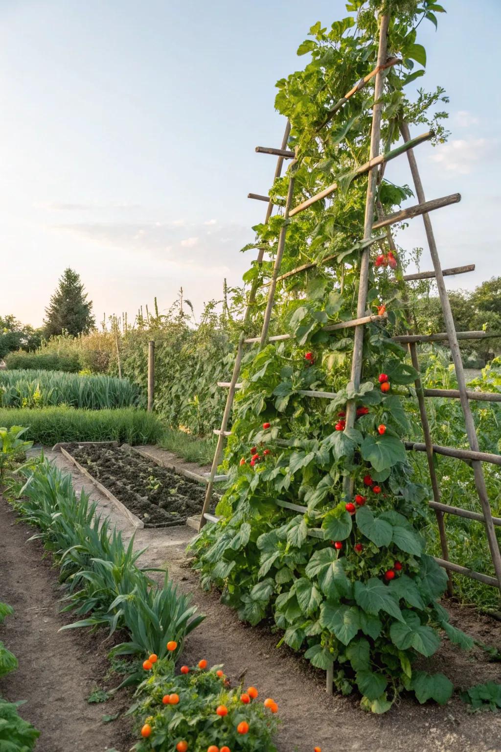 A thriving garden with lattice supporting vibrant climbing vegetables.
