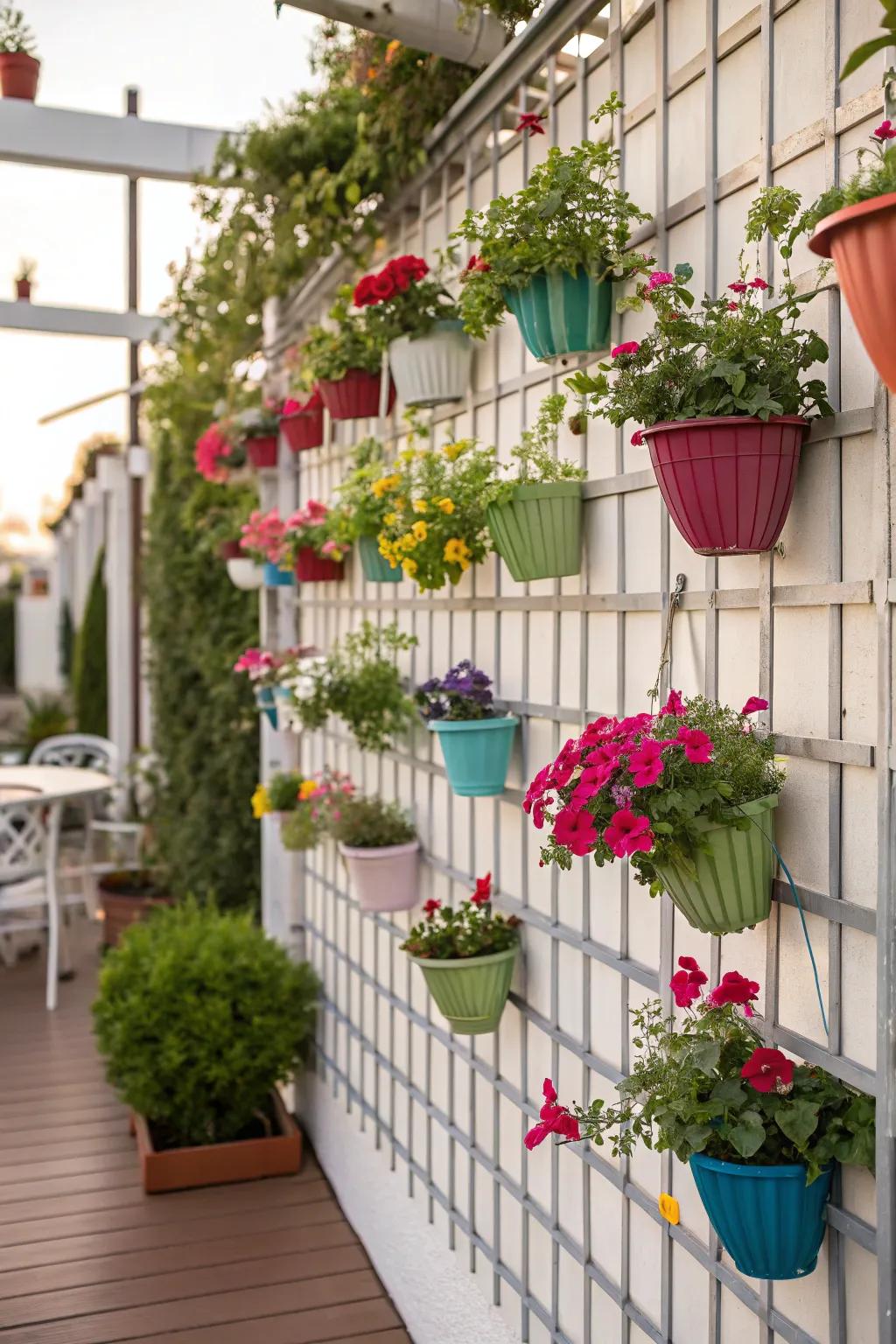 Hanging planters on lattice walls add vibrant layers to patios.