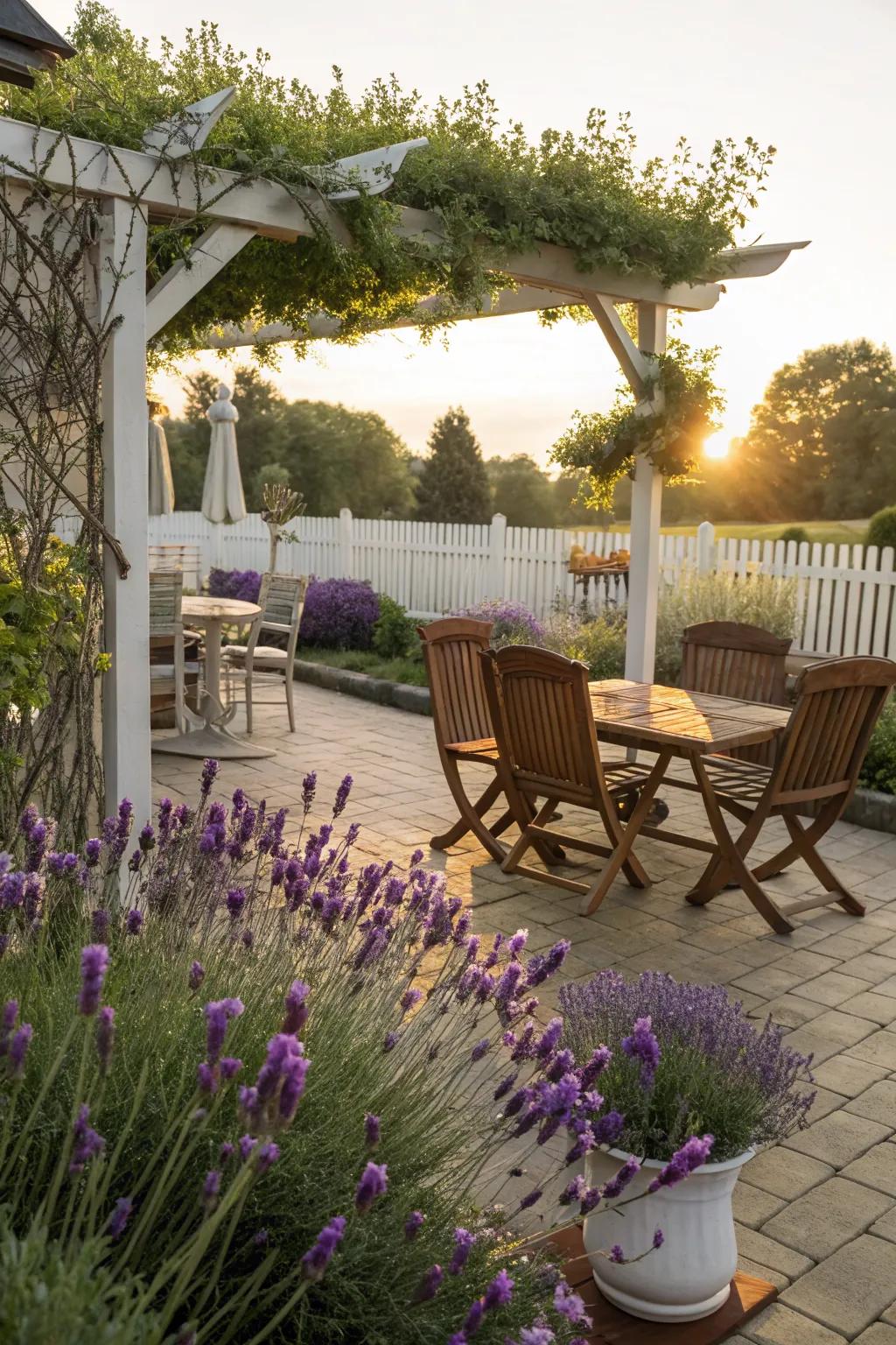 A patio adorned with lavender enjoying the morning sun.