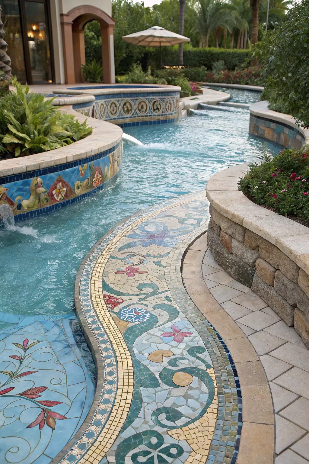 A lazy river pool featuring artistic mosaic designs, adding a vibrant and creative touch.
