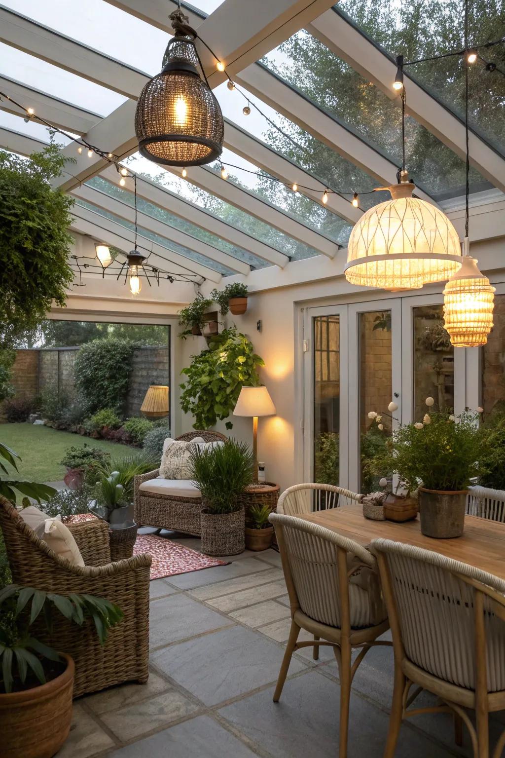 Creative lighting adds ambiance to this lean-to conservatory.