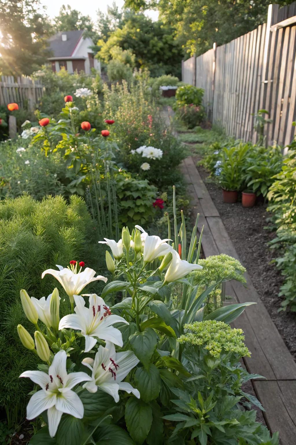 Edible plants complementing the lily bed.