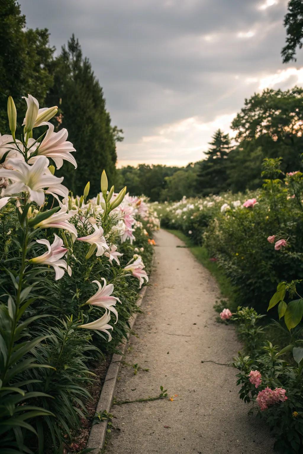 A pathway lined with lilies offers delightful fragrance