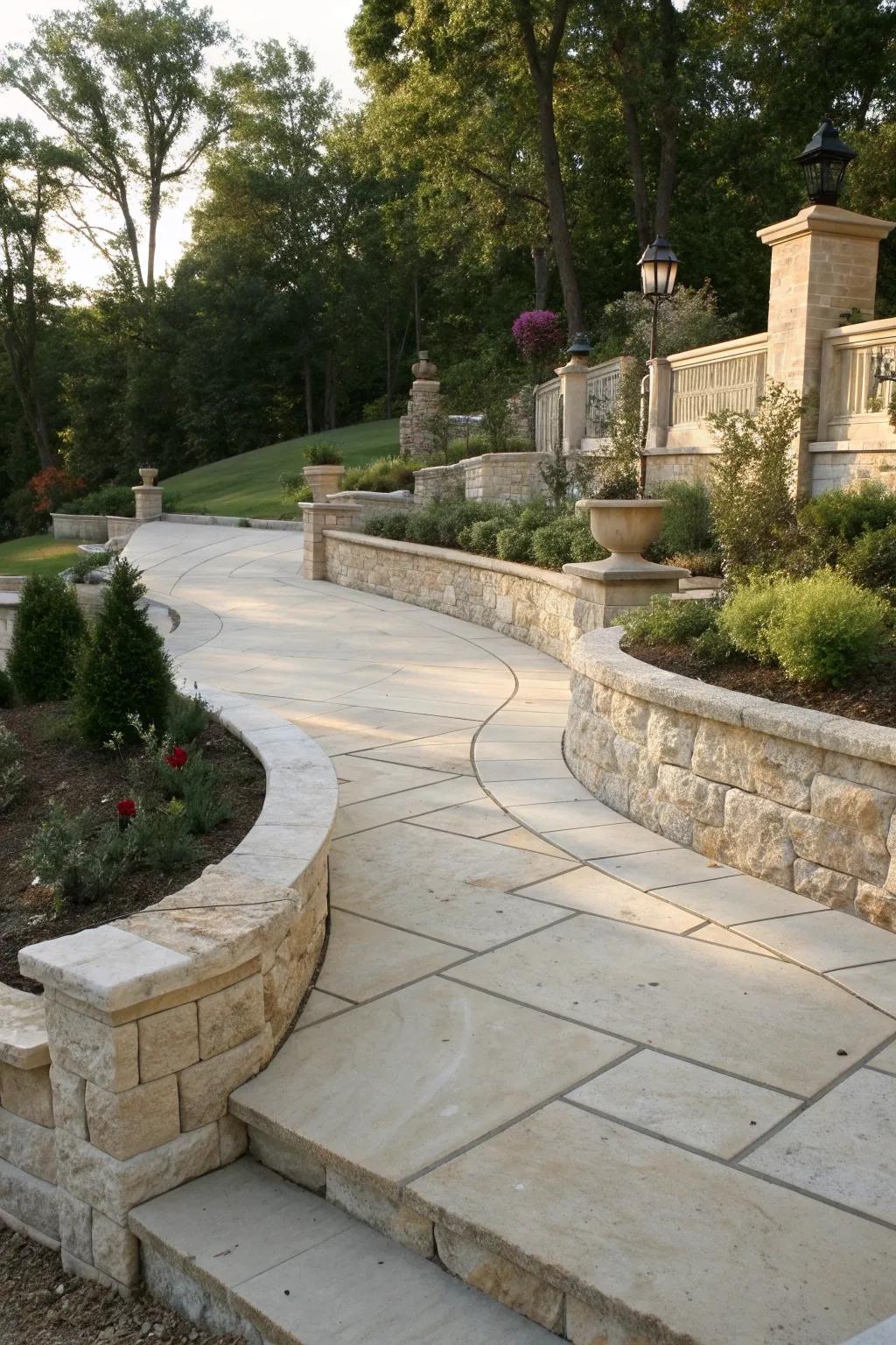 A visually striking sunken limestone driveway.