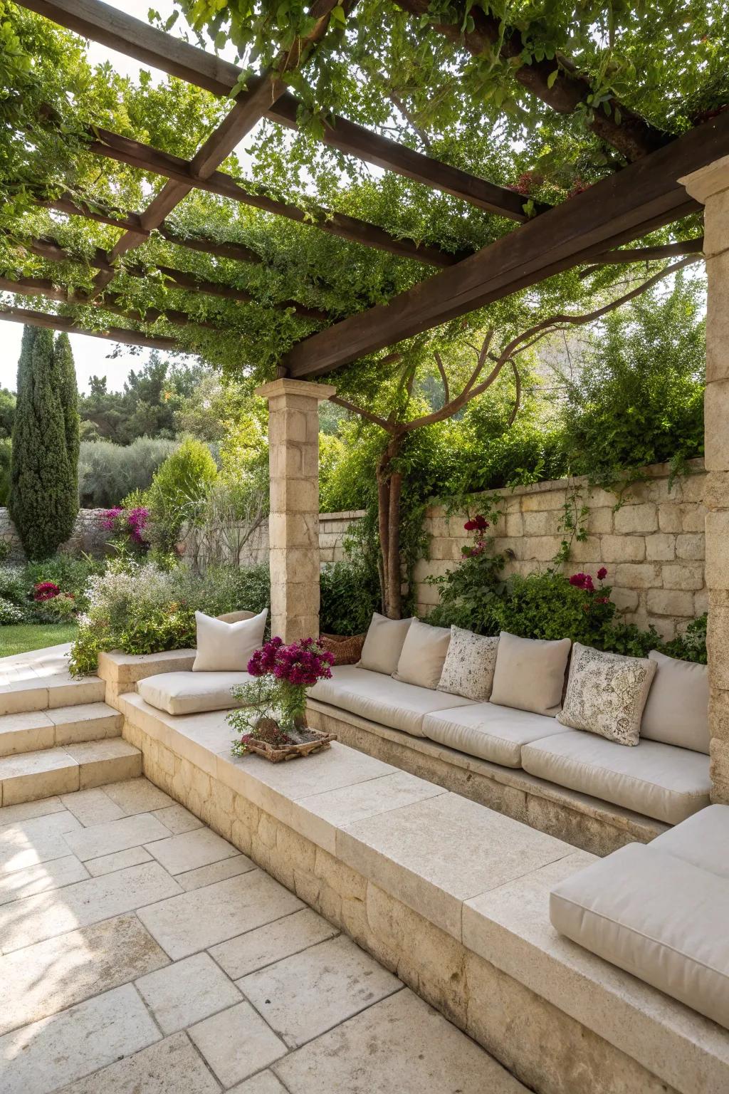 A sunken limestone lounge is the ultimate cozy retreat.
