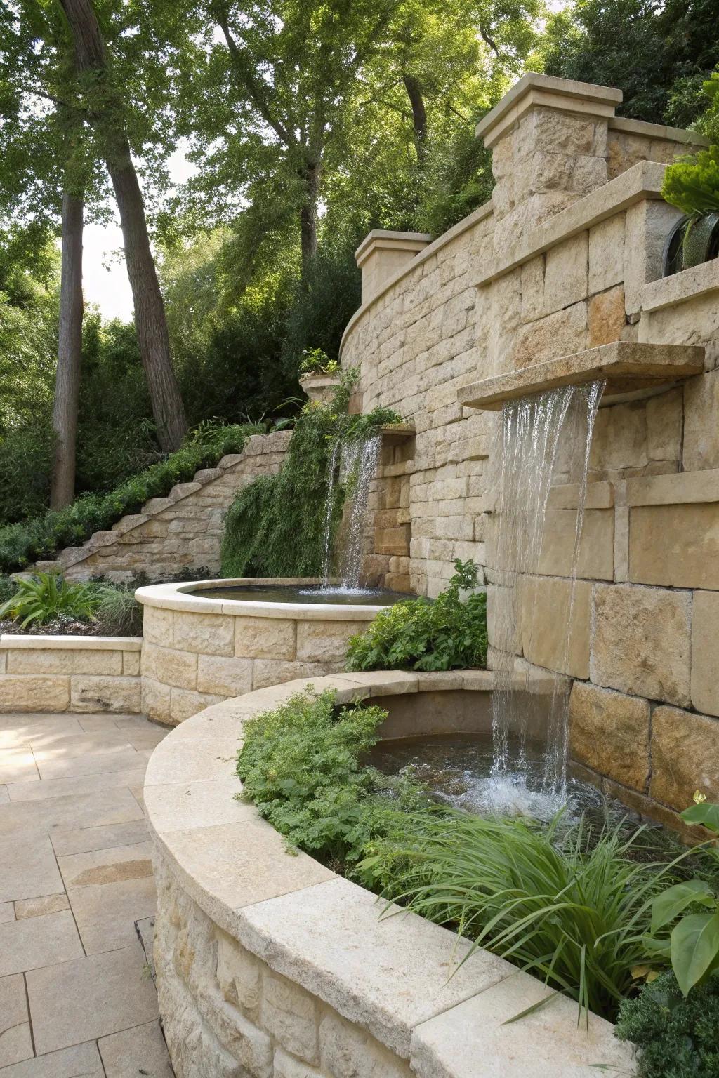 Wall fountains add serenity to limestone structures.