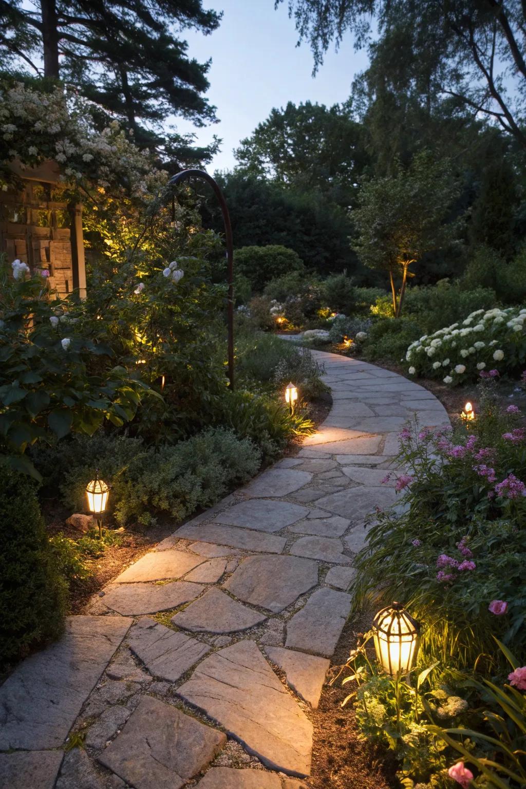 Solar lights illuminate a limestone path, creating evening magic.