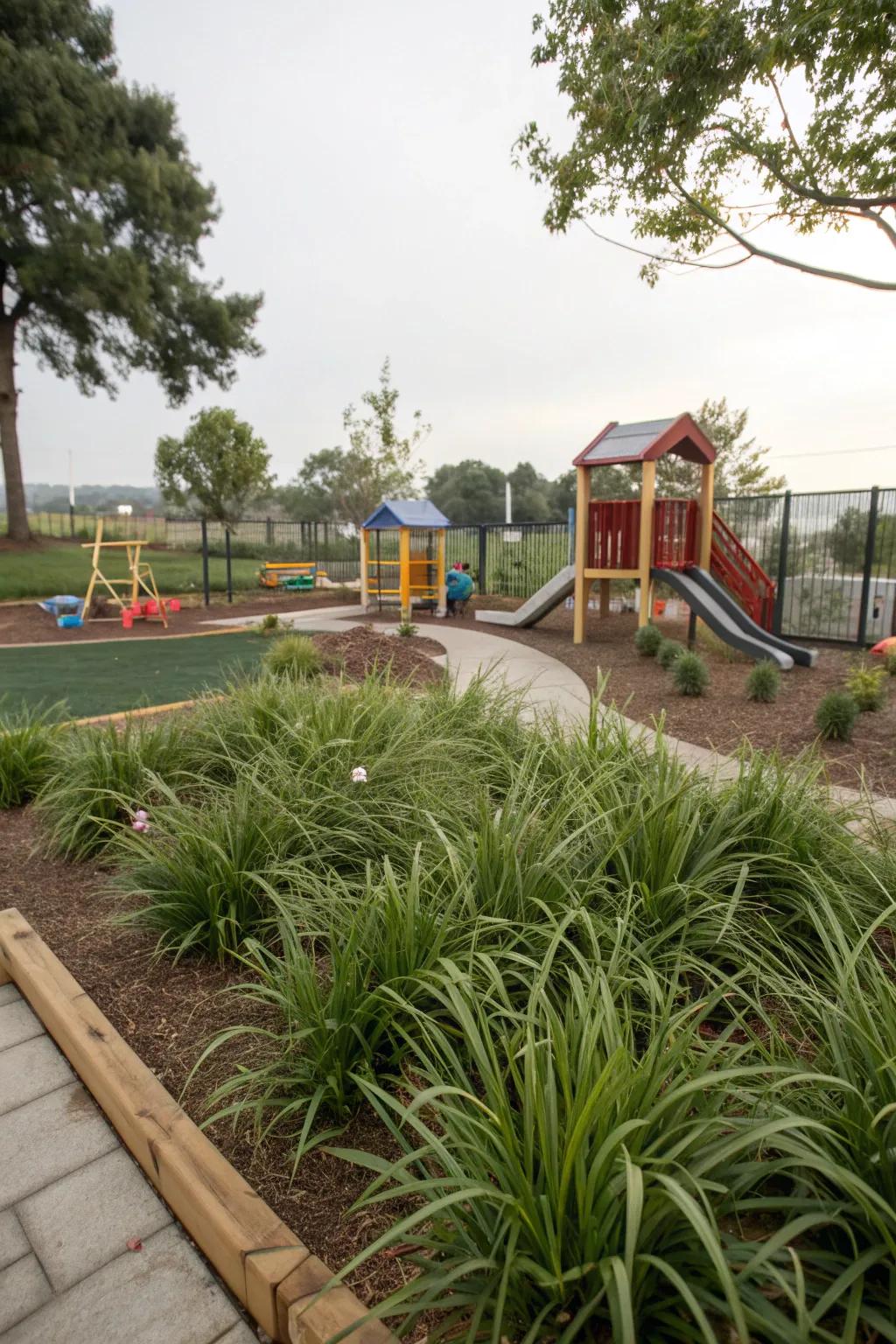 Liriope adding a soft, touchable element to a children's garden.