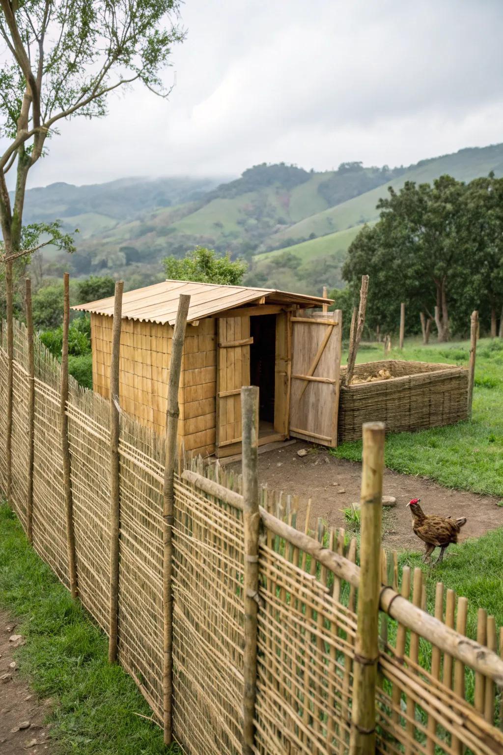 A bamboo fence providing a safe and breathable enclosure for a chicken coop.