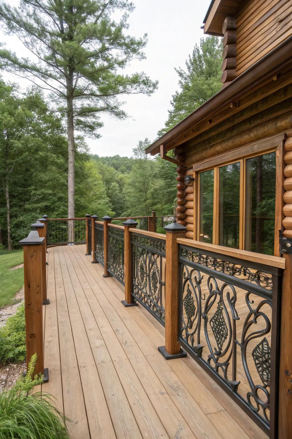 Decorative metal inserts add an artistic flair to the wooden balusters.