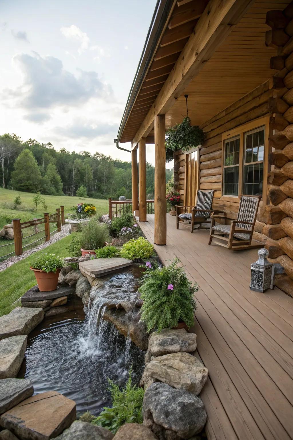 A water feature brings peace and tranquility to the porch.