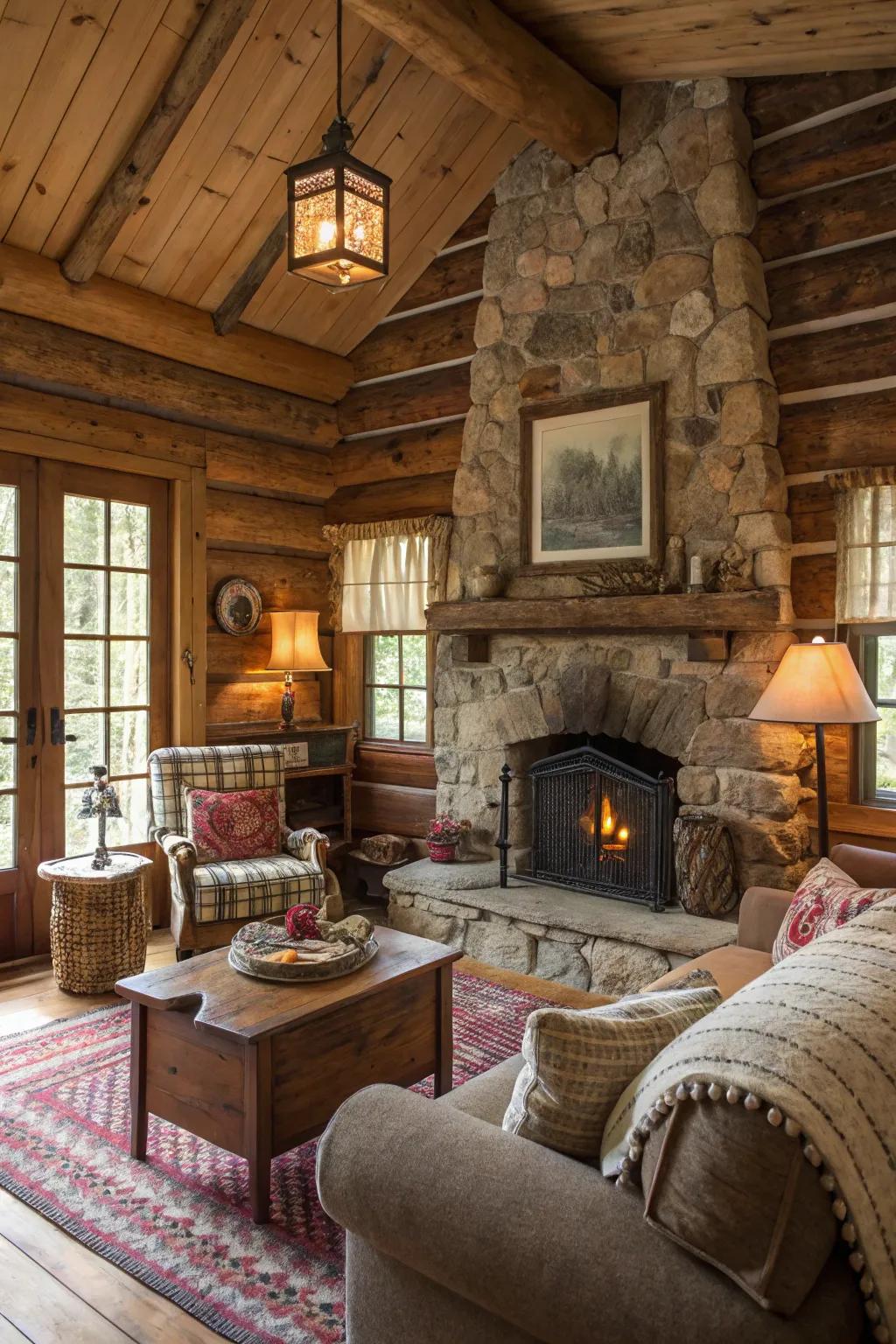 A log cabin featuring charming vintage accents and rustic decor.
