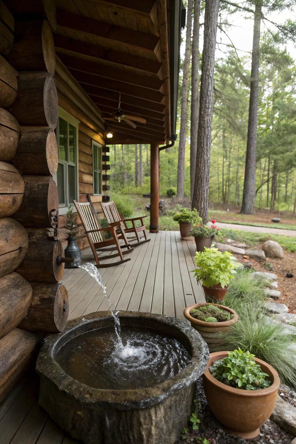 A water feature adds tranquility and a soothing soundscape to a log cabin porch.