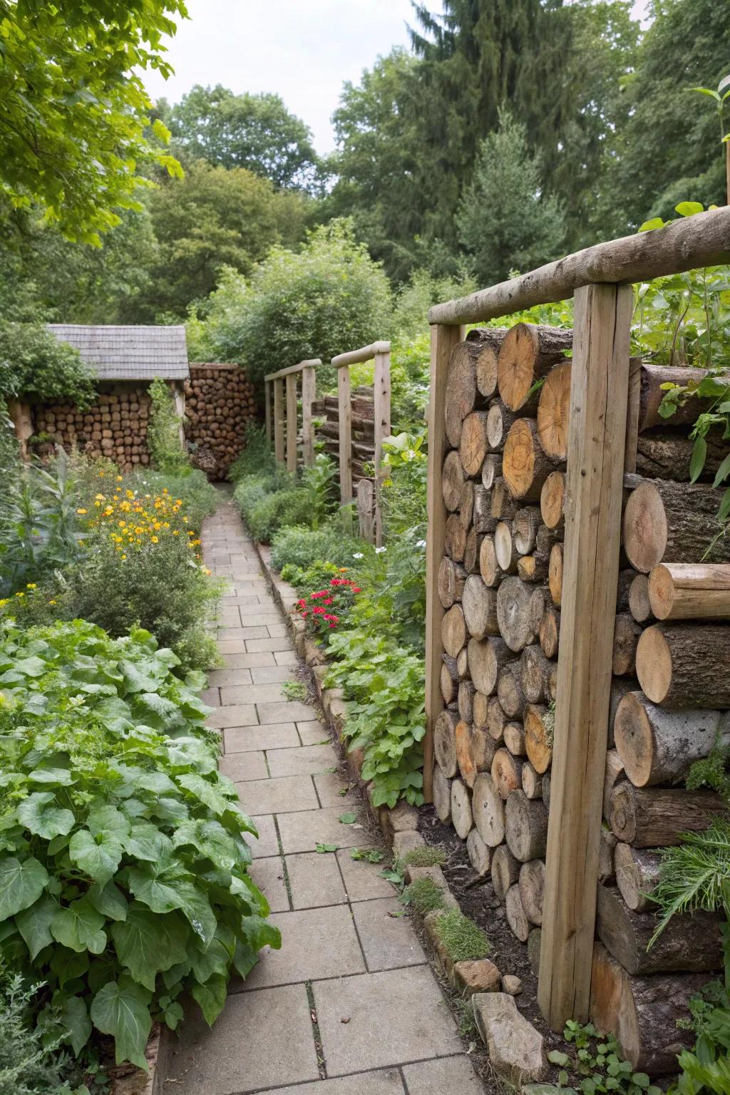 Create distinct garden areas with a log store divider.