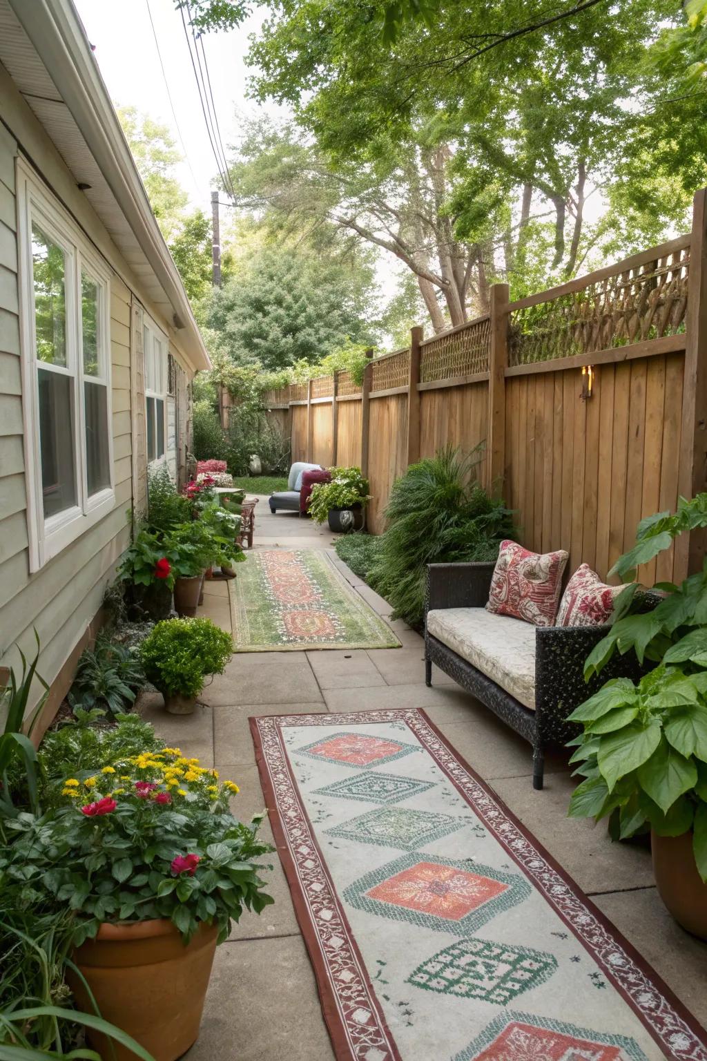 Outdoor rugs add texture and define cozy spots in your garden.
