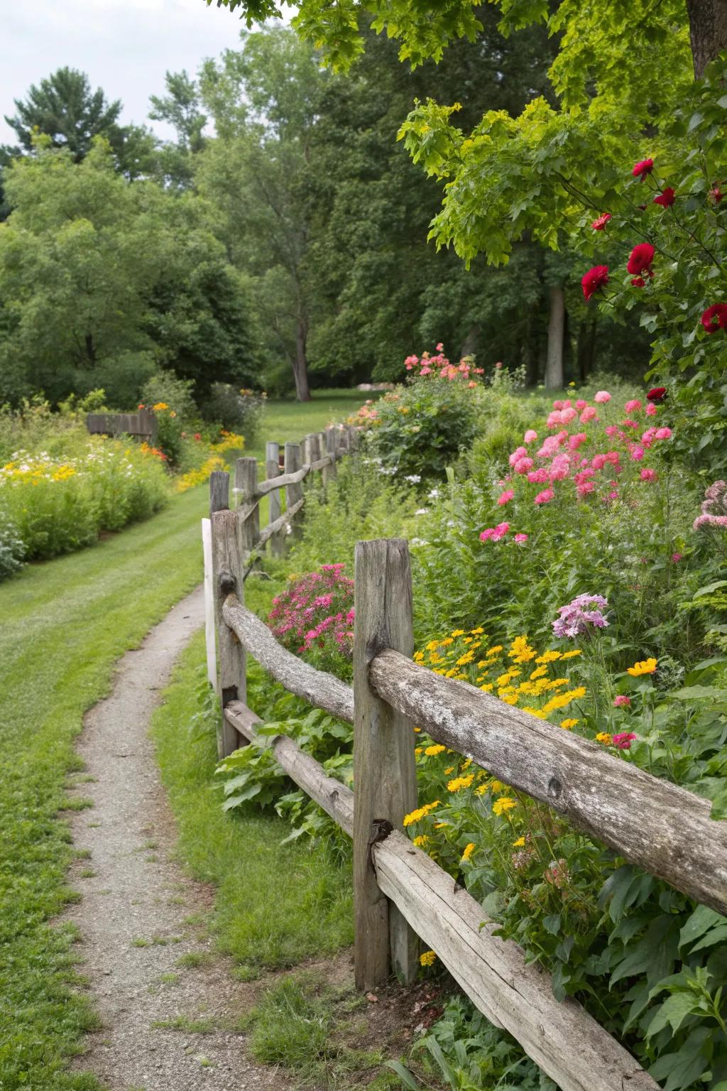 Split rail fencing provides a charming, open boundary.