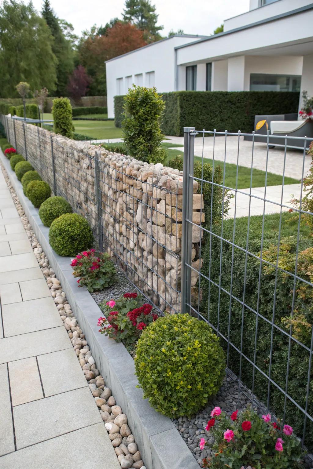 Gabion walls offer strength and artful design to fences.