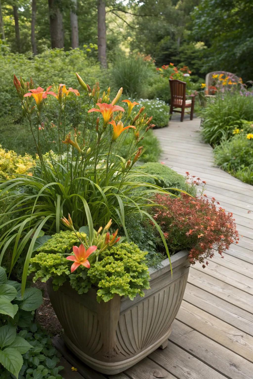 A perennial paradise with daylilies and sedum, offering long-lasting beauty.
