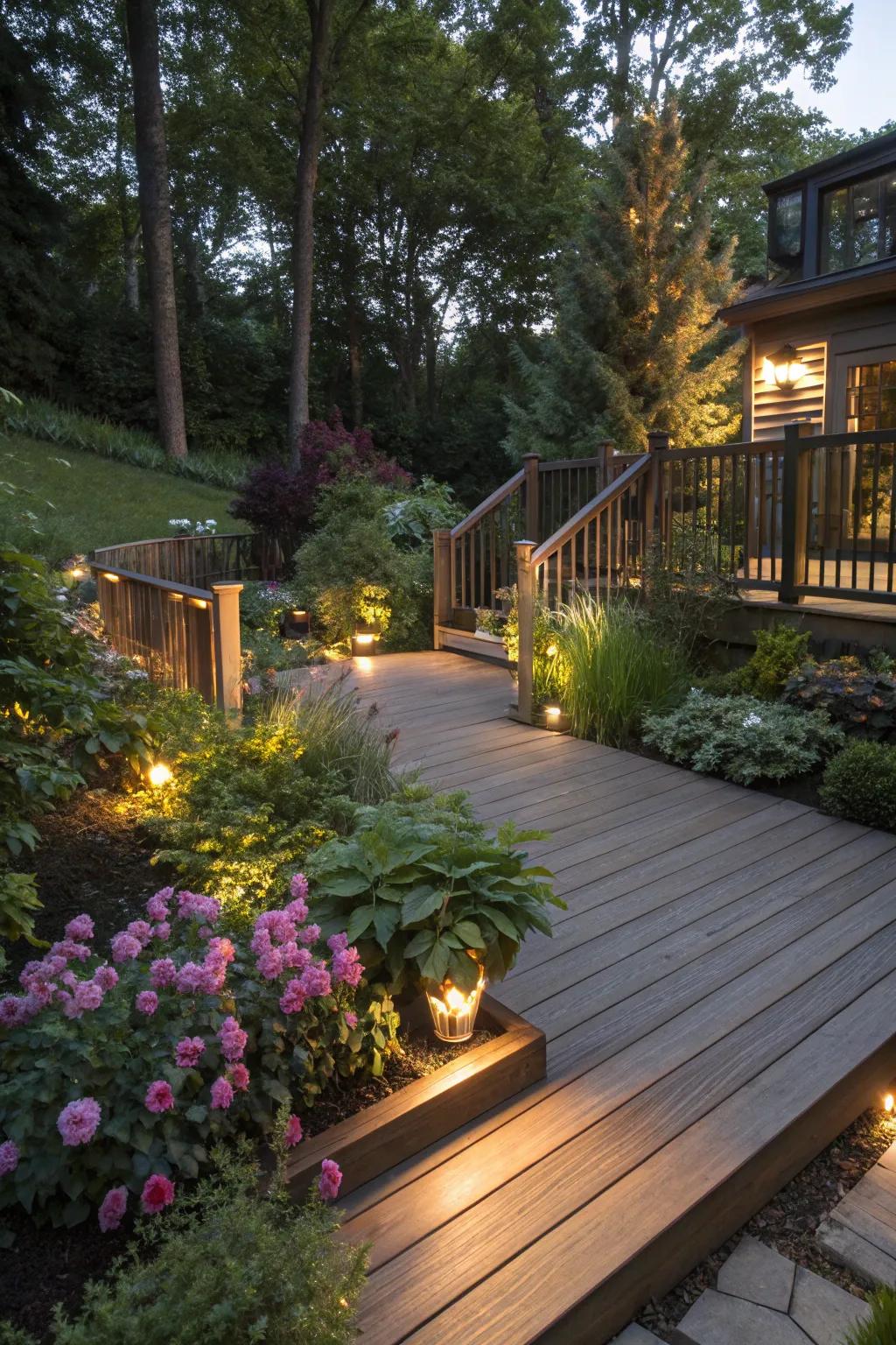 Garden bed lighting creates an enchanted garden feel.
