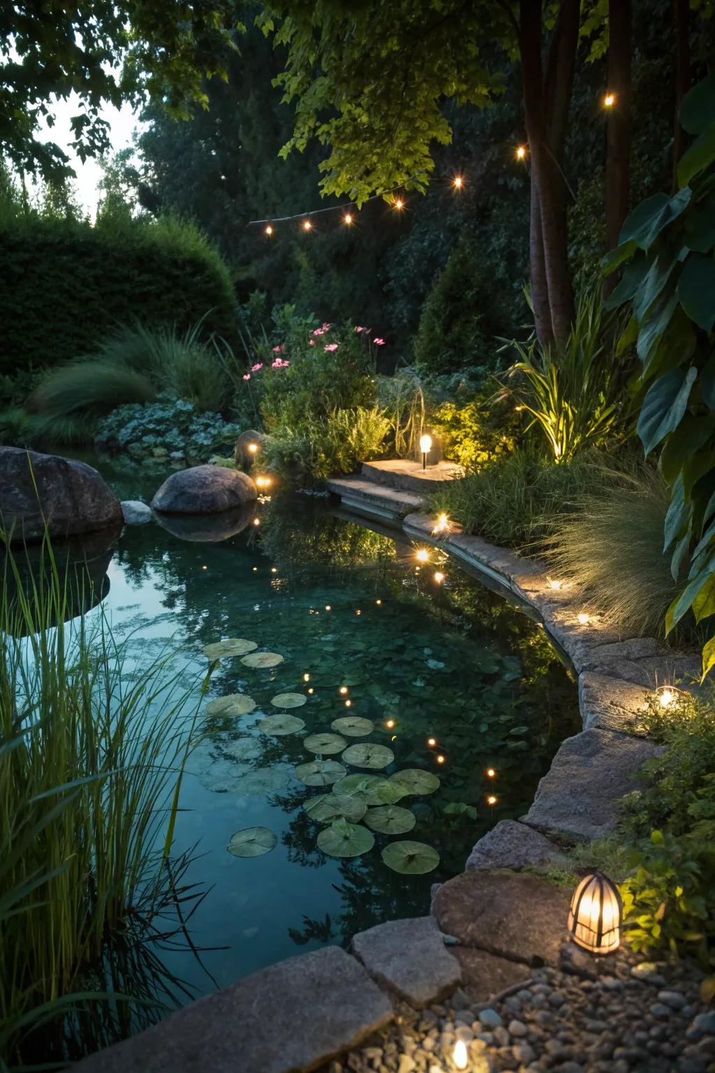 Underwater lighting brings ponds to life at night.