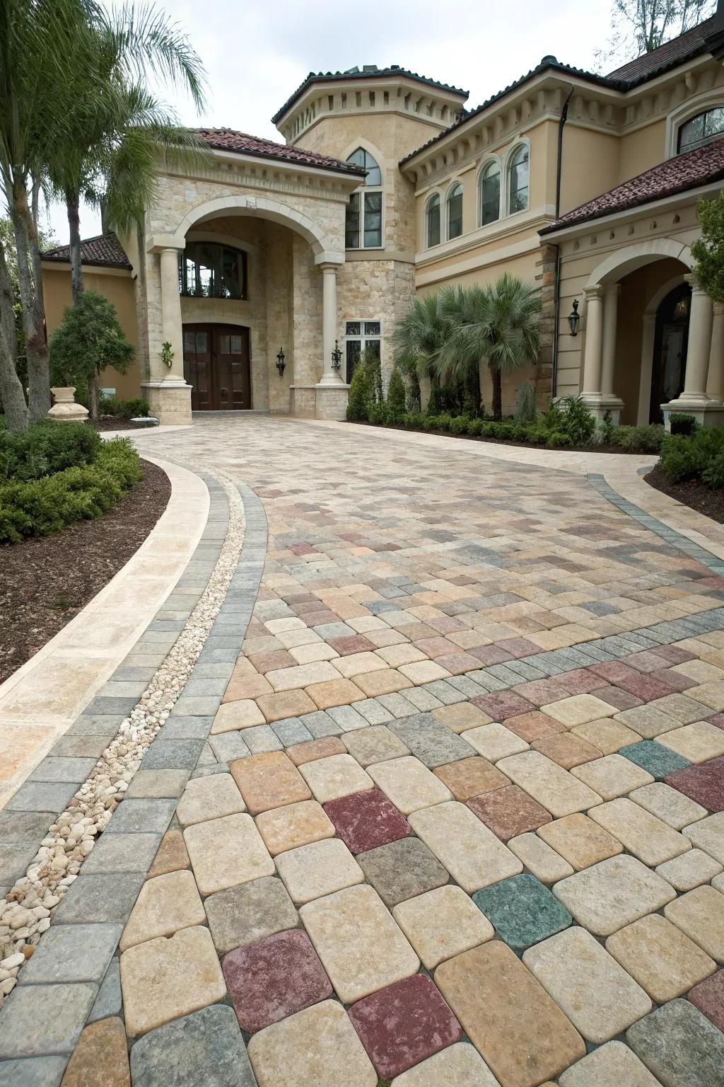 Mixed stone tiles add depth and interest to driveway designs.